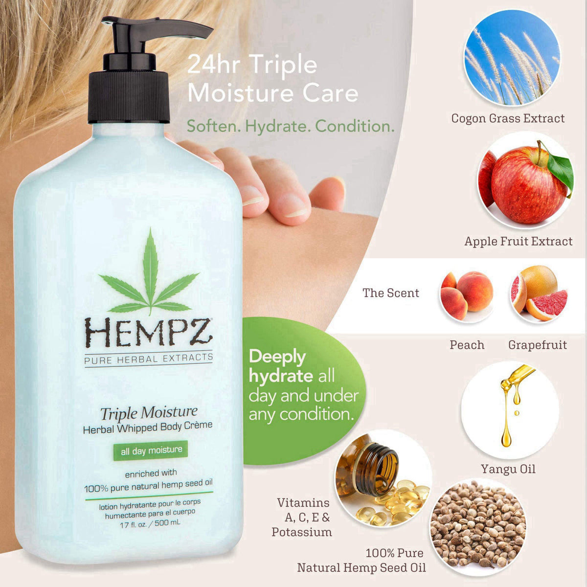 Hempz Natural Triple Moisture, Peach and Grapefruit, 17 Fl Oz, (Pack of 2) – close-up detail