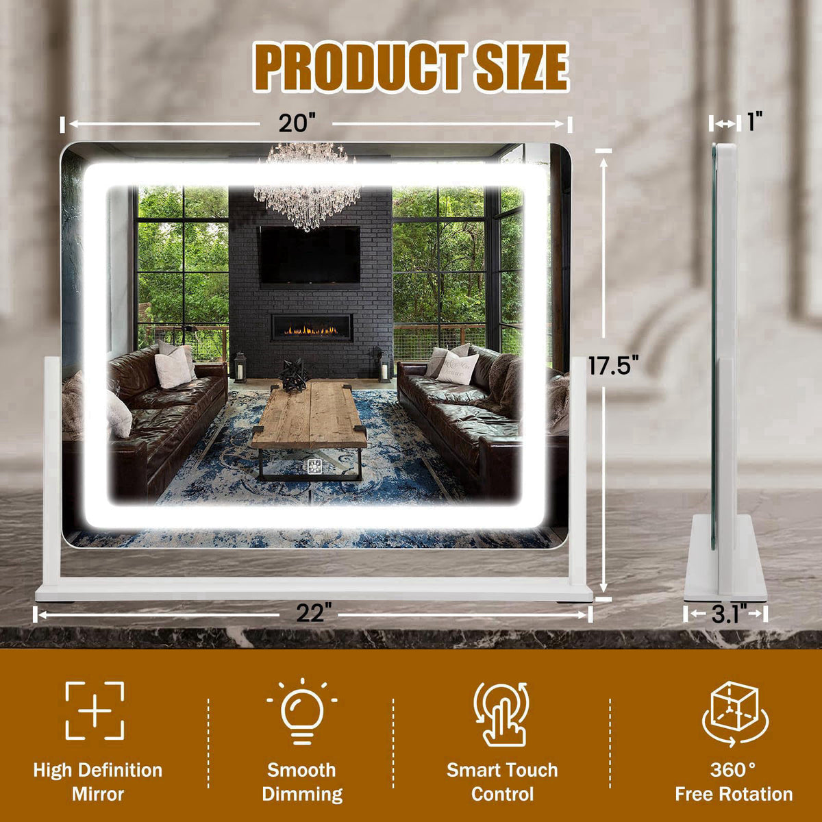 Bearolve Vanity Mirror with Lights 22"×17", Large LED Makeup Mirror with Light, Smart Touch with 3-Color Lightin