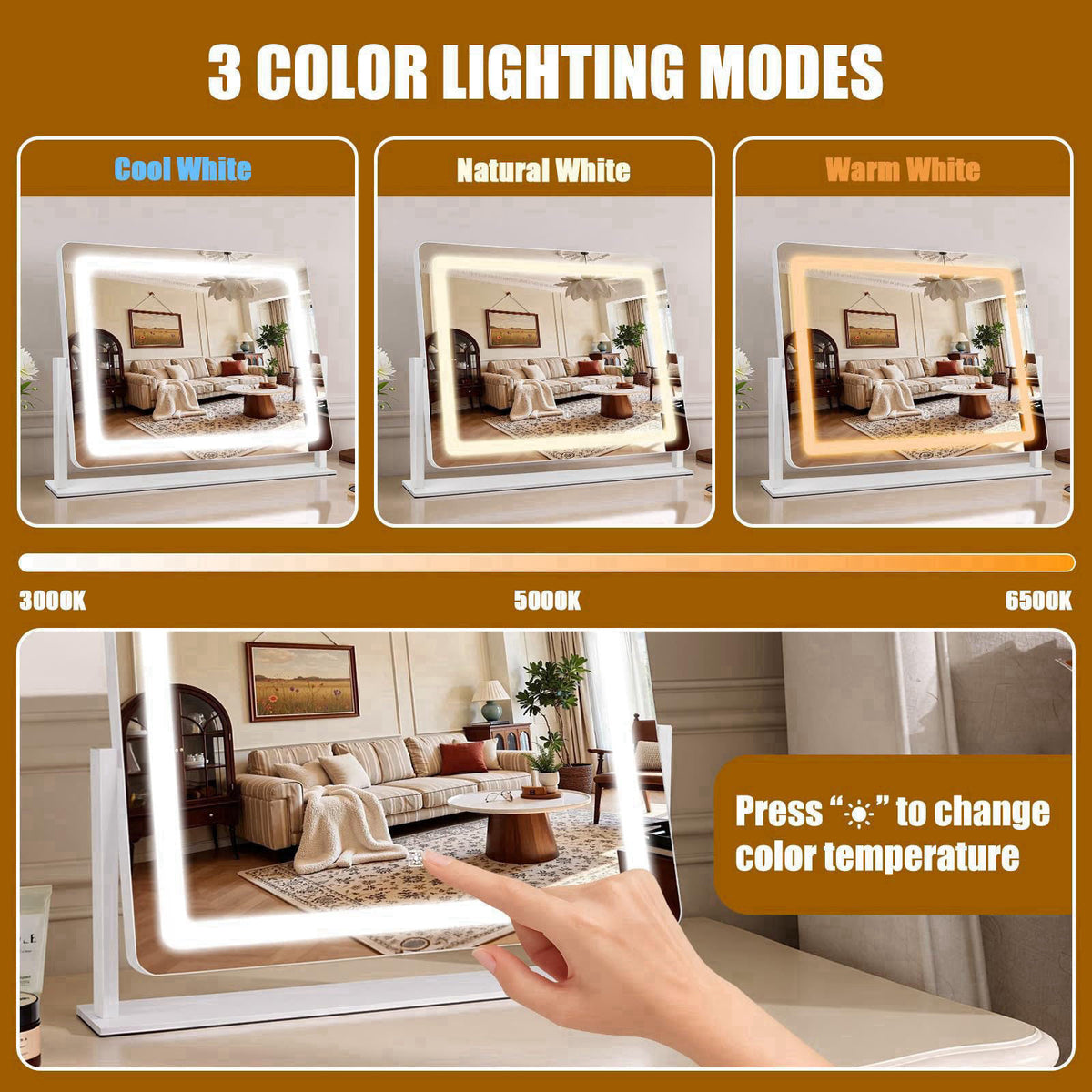 Bearolve Vanity Mirror with Lights 22"×17", Large LED Makeup Mirror with Light, Smart Touch with 3-Color Lightin