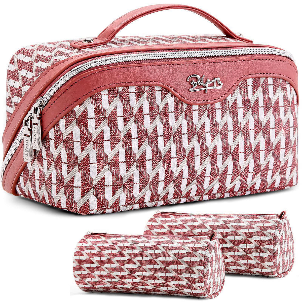 BOYATU Travel Makeup Bags for Women: Large Capacity Cosmetic Bag Set of 3 - Vegan Leather Make up Bags with Compartments