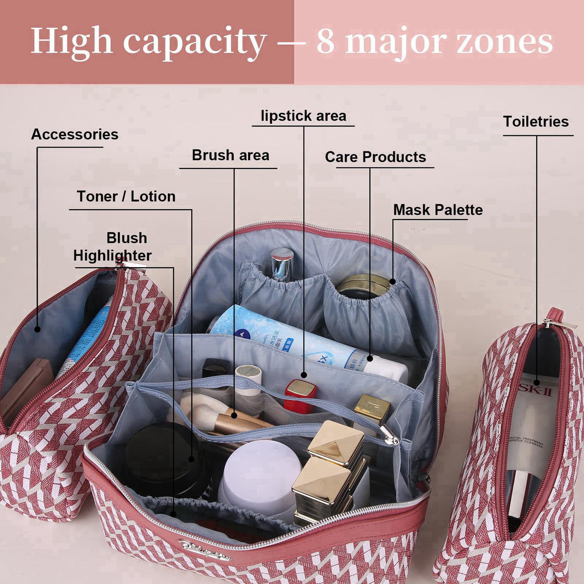 BOYATU Travel Makeup Bags for Women: Large Capacity Cosmetic Bag Set of 3 - Vegan Leather Make up Bags with Compartments
