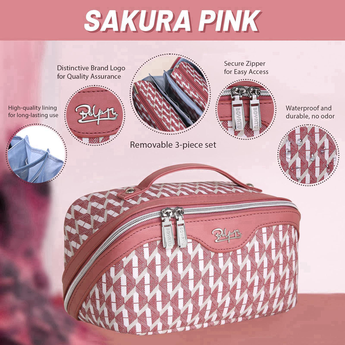BOYATU Travel Makeup Bags for Women: Large Capacity Cosmetic Bag Set of 3 - Vegan Leather Make up Bags with Compartments
