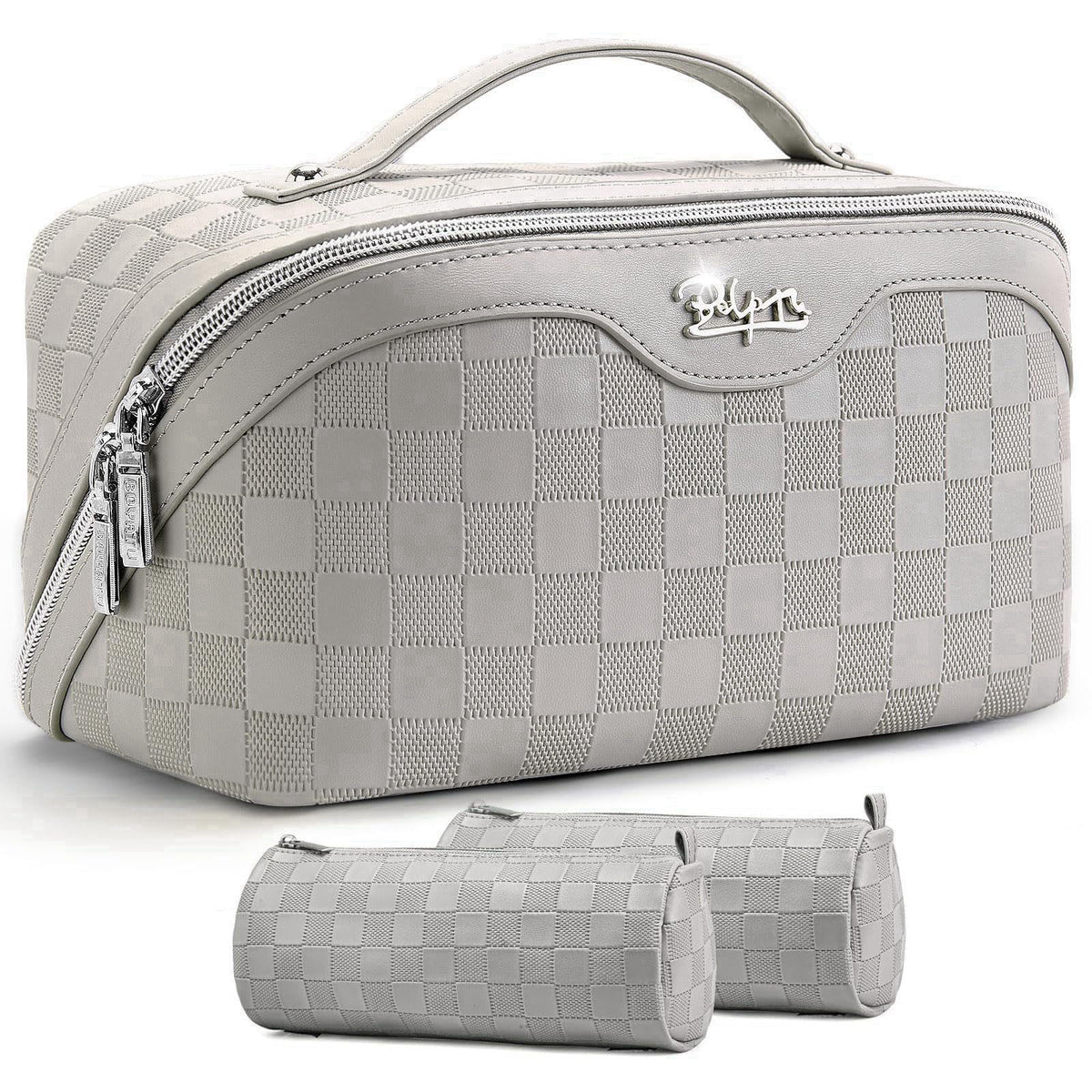 BOYATU Travel Makeup Bags for Women: Large Capacity Cosmetic Bag Set of 3 - Vegan Leather Make up Bags with Compartments