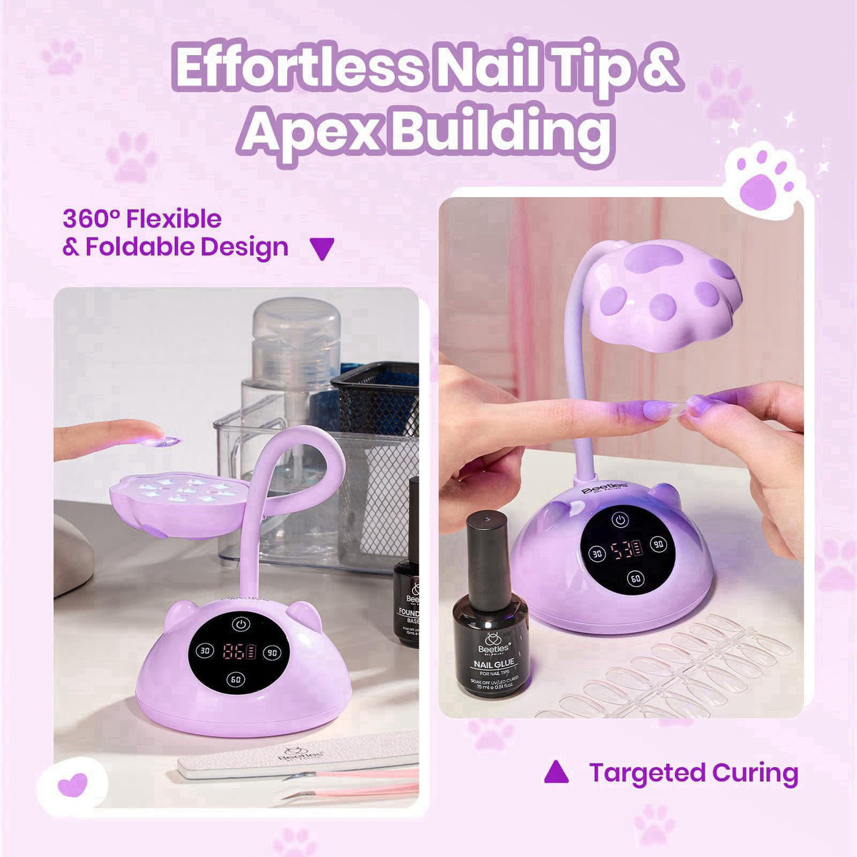 beetles Gel Polish Beetles Gooseneck Flash Cure Nail Lamp, Cordless 2000mAh UV Light GrapePurr – close-up detail in Purp