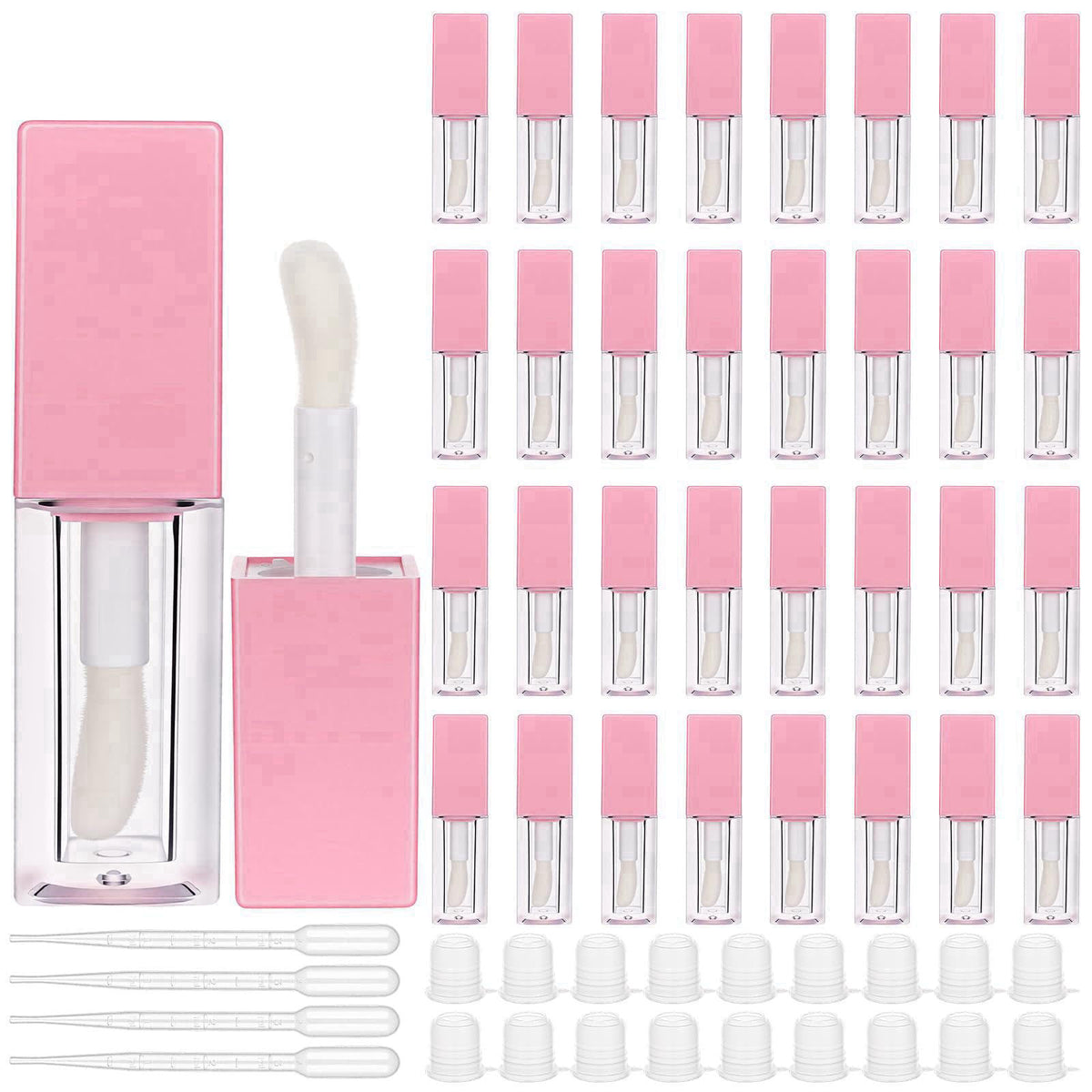 DELORIGIN 36 Pack Empty Square Pink Lip Gloss Tubes 5ml Refillable Clear Lip Gloss Containers with Wand Applicators & 4p