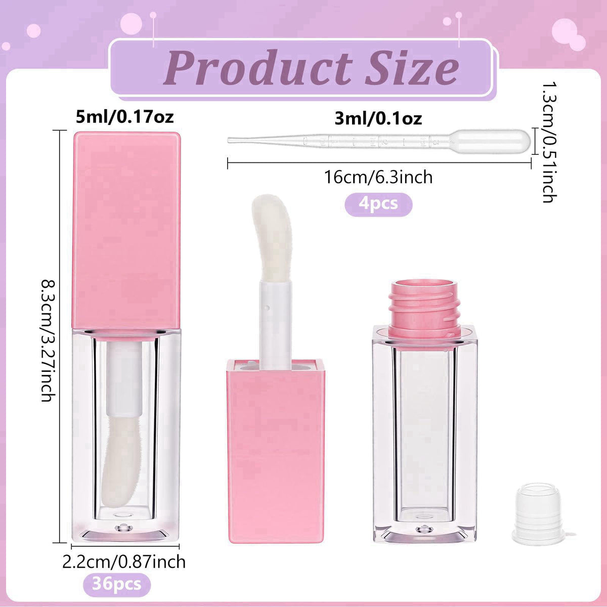 DELORIGIN 36 Pack Empty Square Pink Lip Gloss Tubes 5ml Refillable Clear Lip Gloss Containers with Wand Applicators & 4p