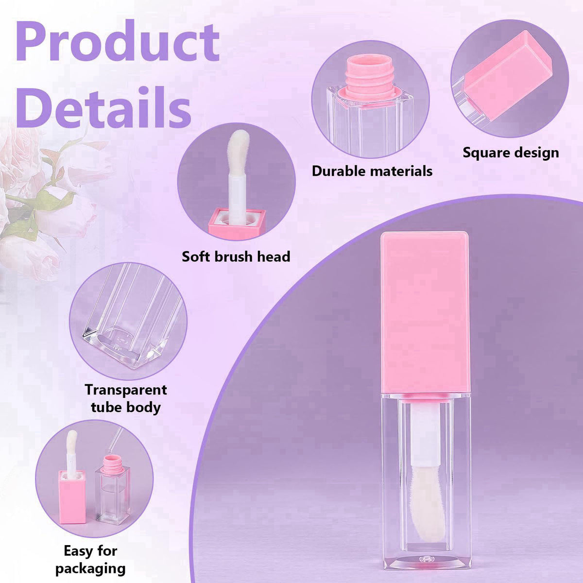 DELORIGIN 36 Pack Empty Square Pink Lip Gloss Tubes 5ml Refillable Clear Lip Gloss Containers with Wand Applicators & 4p
