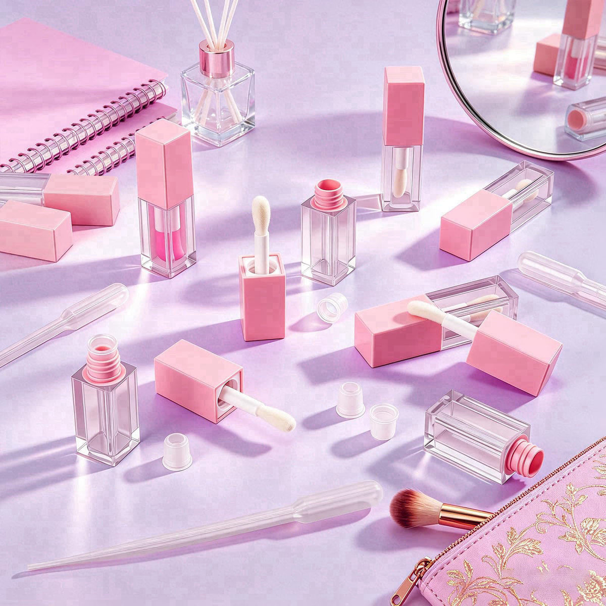 DELORIGIN 36 Pack Empty Square Pink Lip Gloss Tubes 5ml Refillable Clear Lip Gloss Containers with Wand Applicators & 4p