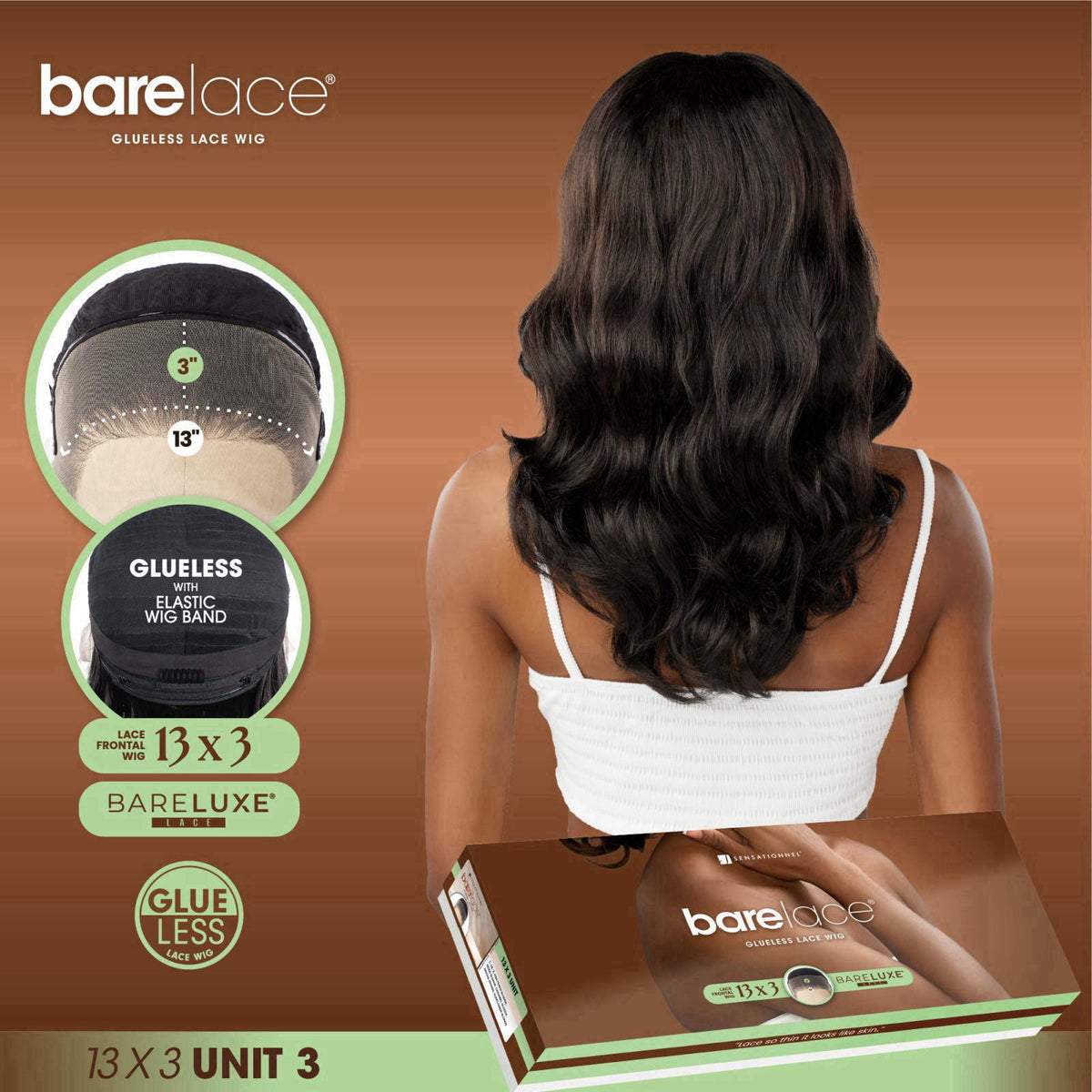 Sensationnel Bare Lace 13x3 Lacewig-Unit 3, 1 JETBLACK – back view and specifications