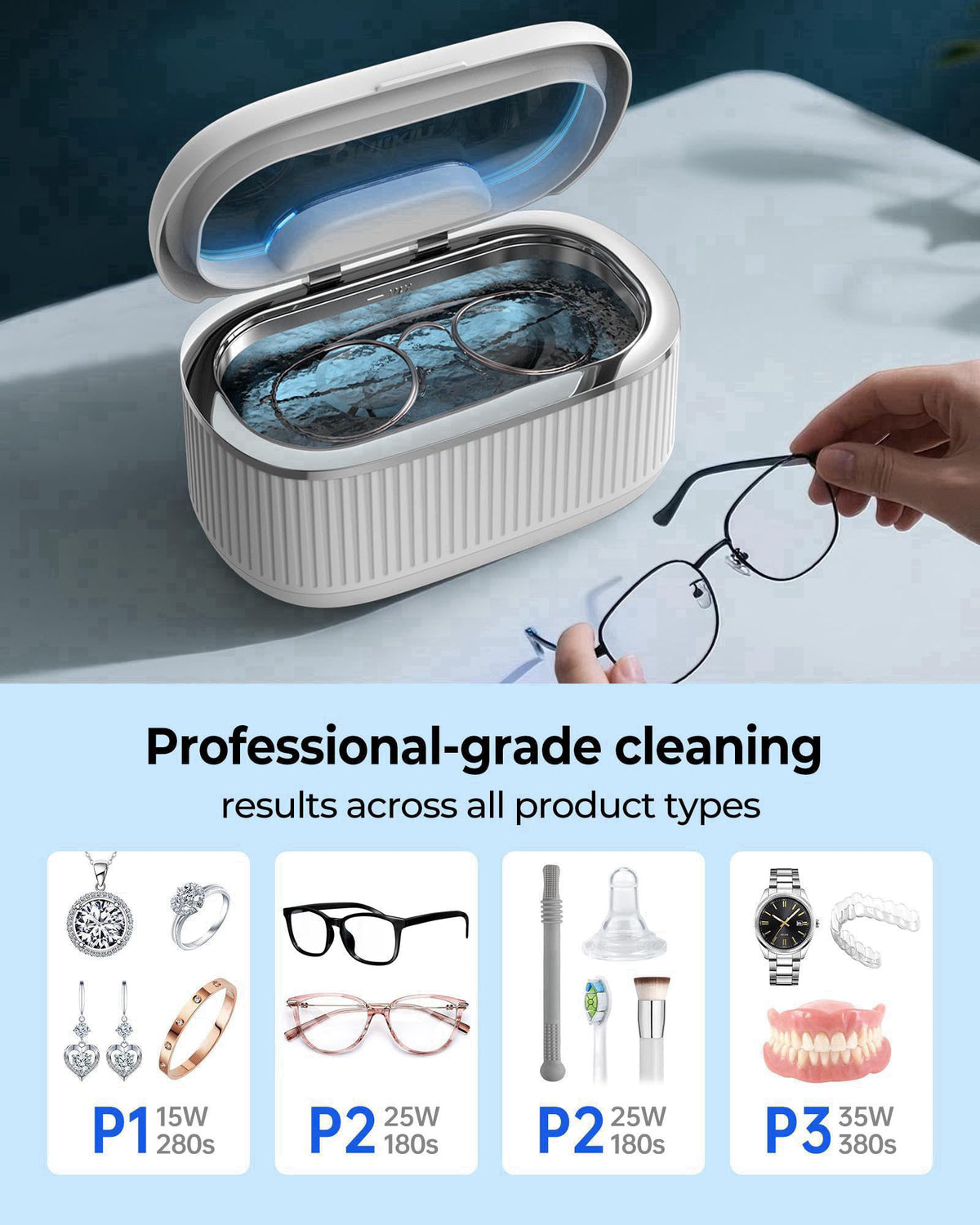 onlikin 35W Ultrasonic Jewelry Cleaner, 45KHz Retainer Cleaner for Jewelry, 5 Timer & 3 Power Modes, Eyeglasses, Rings, 
