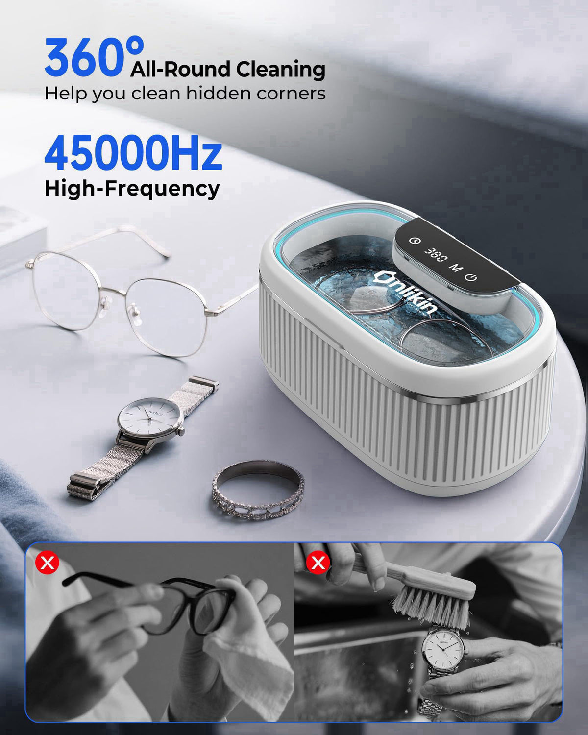 onlikin 35W Ultrasonic Jewelry Cleaner, 45KHz Retainer Cleaner for Jewelry, 5 Timer & 3 Power Modes, Eyeglasses, Rings, 