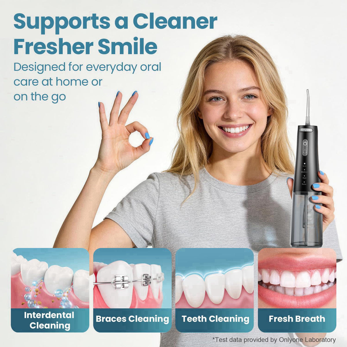 Onlyone Water Flosser with Adjustable Water Pressure for Daily Oral Care – back view and specifications