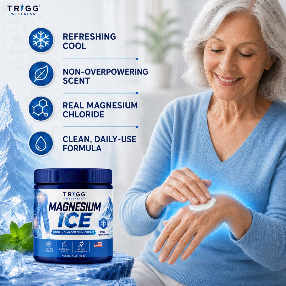 Trigg Magnesium Ice - Magnesium Cream - Cooling Formula with Arnica, Aloe, Lavender - Hands, Legs, Foot & More - Lightwe