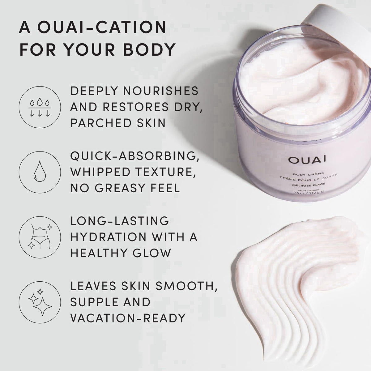 OUAI Body Cream - Hydrating Whipped Body Cream - Melrose Place (7.5 oz) – packaging and label