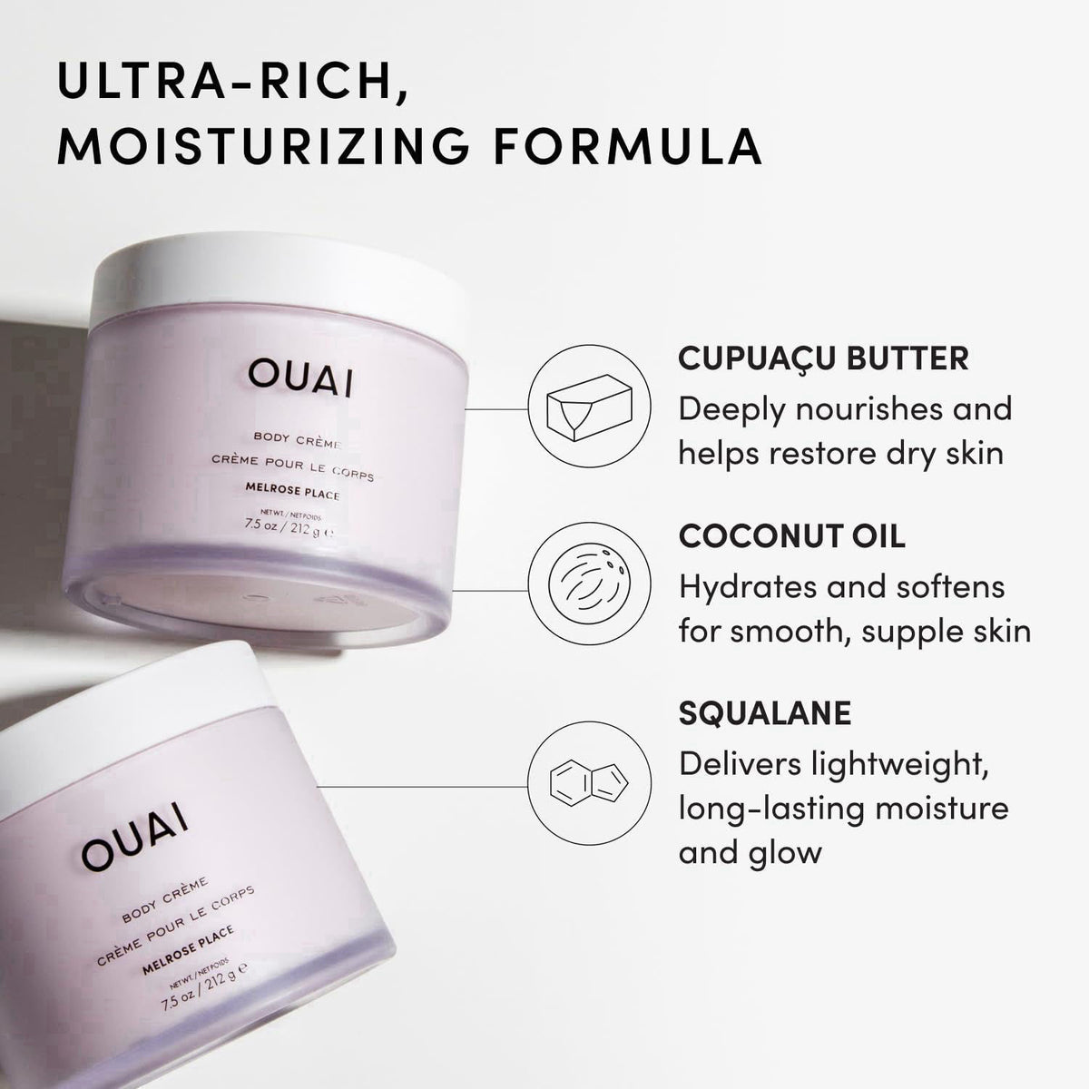 OUAI Body Cream - Hydrating Whipped Body Cream - Melrose Place (7.5 oz) – back view and specifications