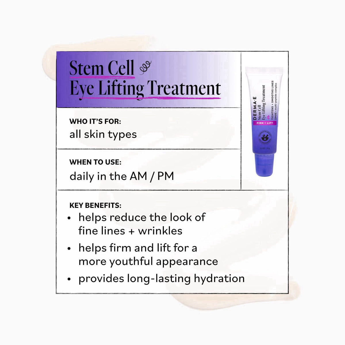 DERMA E Stem Cell Lifting Eye Cream, Firming & Tightening, 0.5 oz – back view and specifications