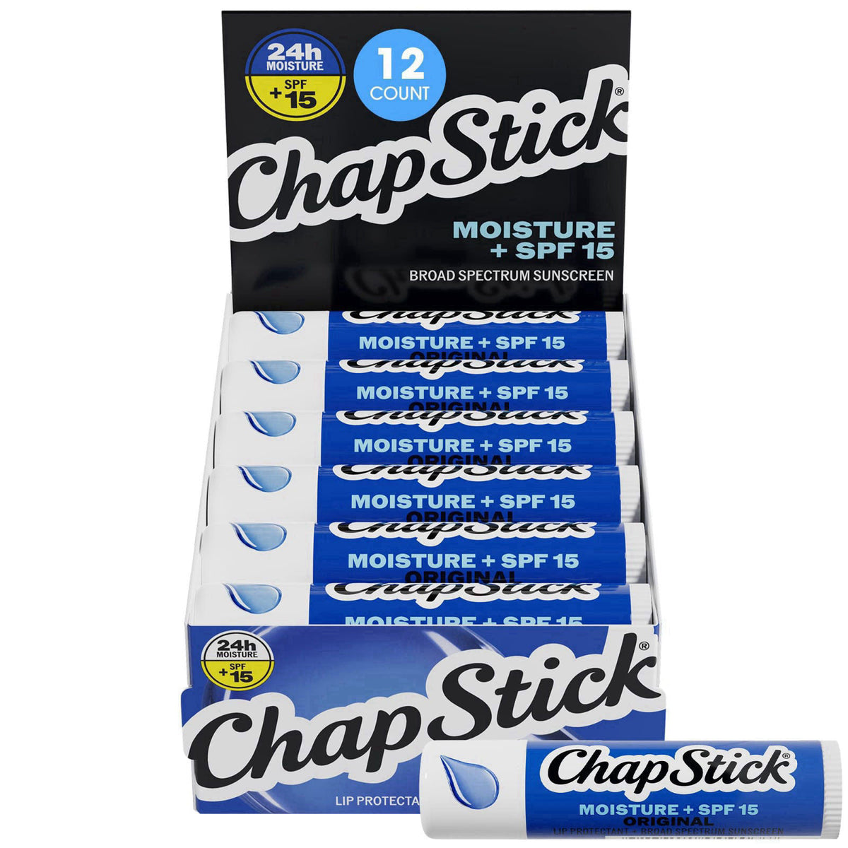 ChapStick Moisture + SPF 15 Bulk Lip Balm Sunscreen 12-Pack, 0.15 Oz Ea – product photo (Balms &amp; Moisturizers)