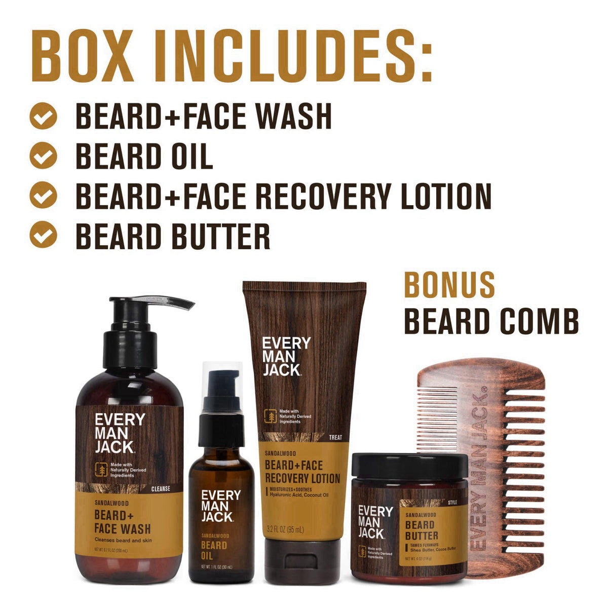 Every Man Jack Beard Care Kit for Men, Sandalwood Teak, Gift Set, 5 Piece – packaging and label