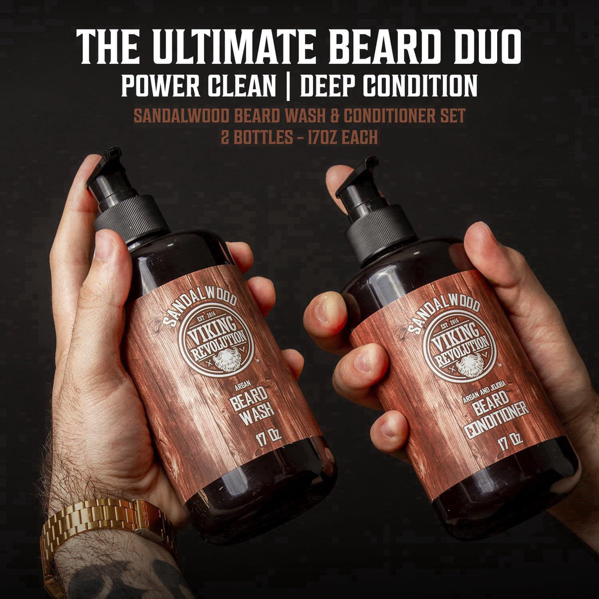 Viking Revolution Beard Wash & Conditioner Set - Sandalwood - 17 oz – close-up detail
