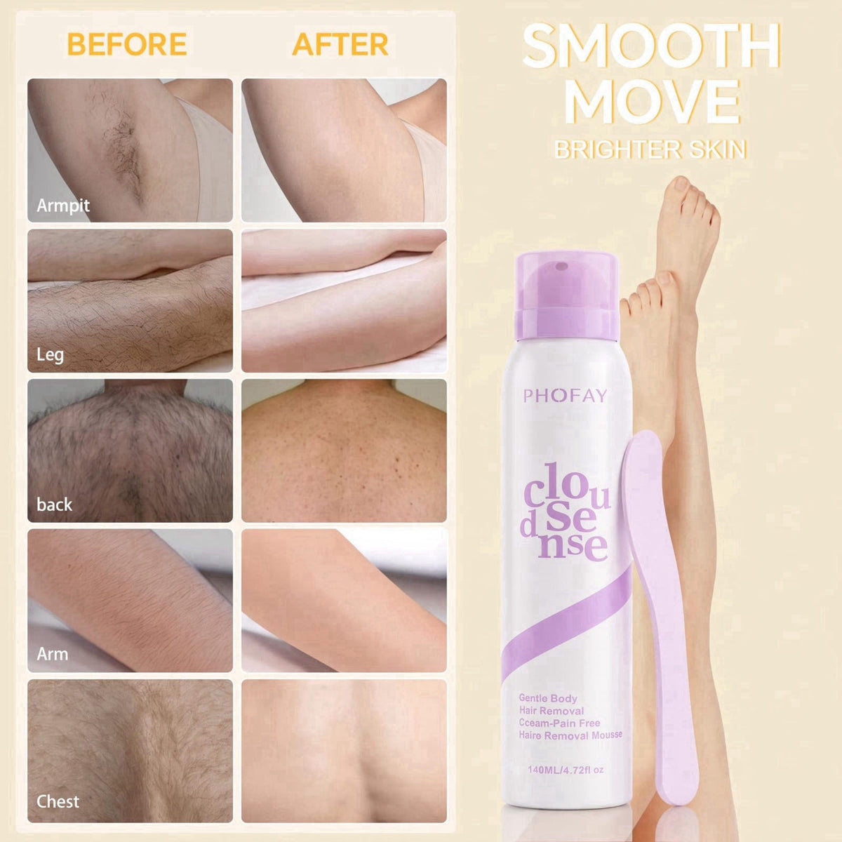 PHOFAY Smooth&Cloud Sense Hair Removal Spray 4.73 Fl Oz (Pack of 2) – close-up detail