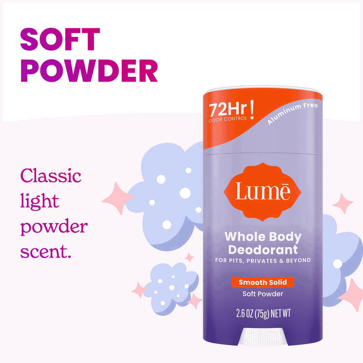Lume Whole Body Deodorant - Solid Stick - 2.6 oz, 2 pk (Soft Powder) – back view and specifications
