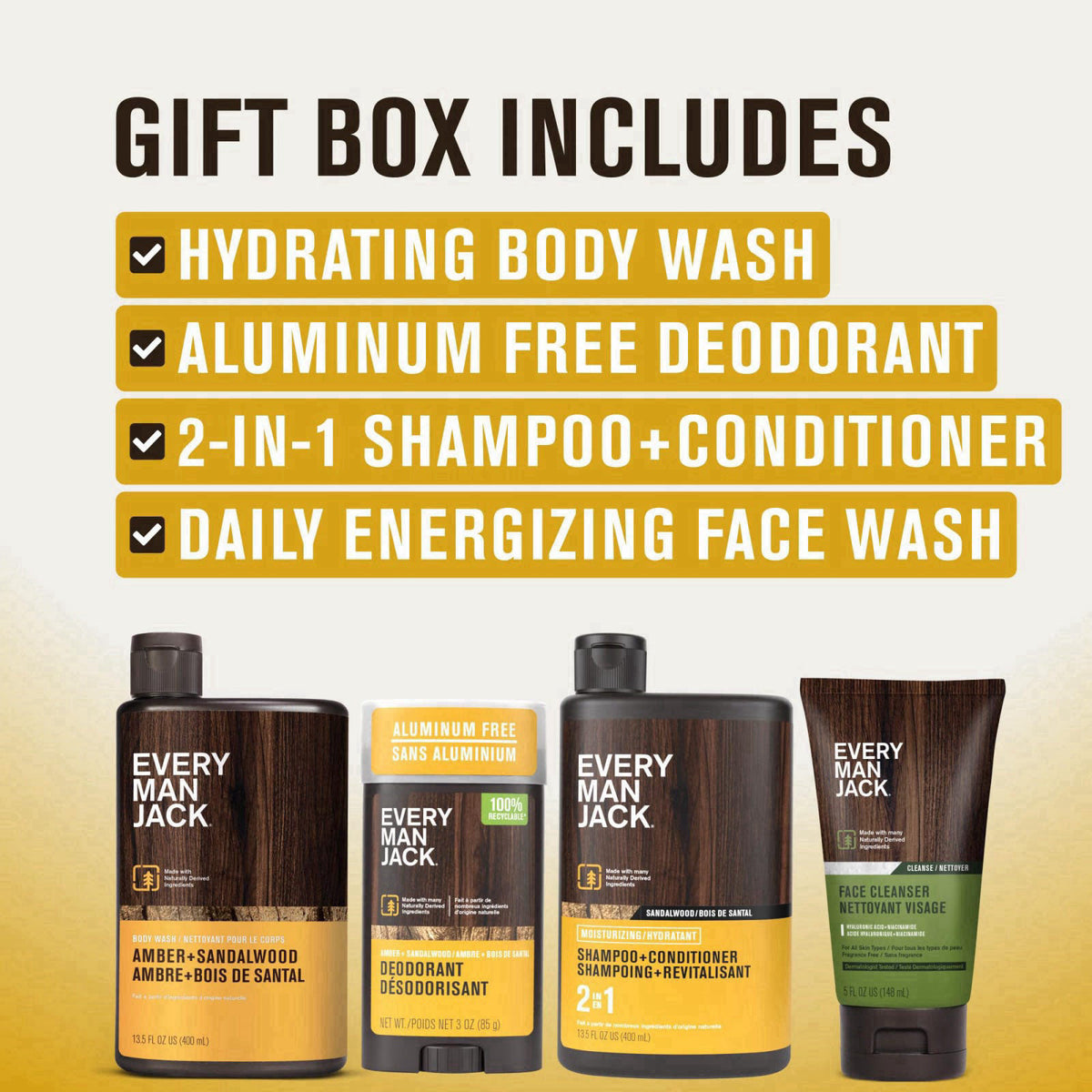Every Man Jack Bath and Body Shower Gift Set for Men, Amber Sandalwood – packaging and label