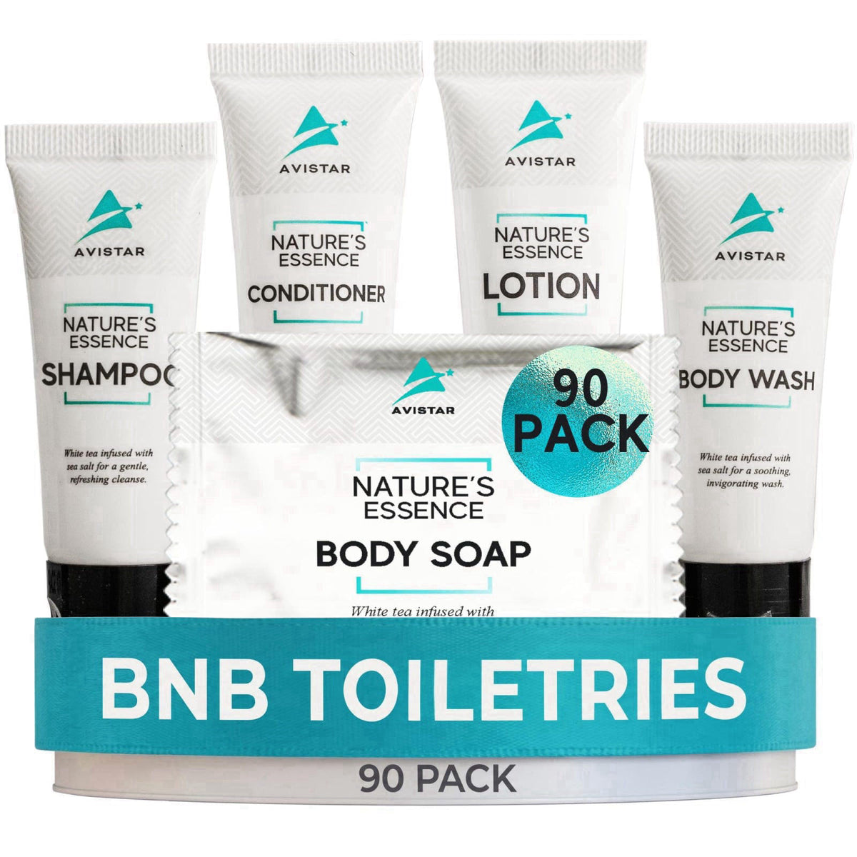 Avistar 90 Piece Hotel Soap & Bulk Toiletries - Travel Essentials for BnB Hosts & Guests - Hotel Shampoo & Conditioner S