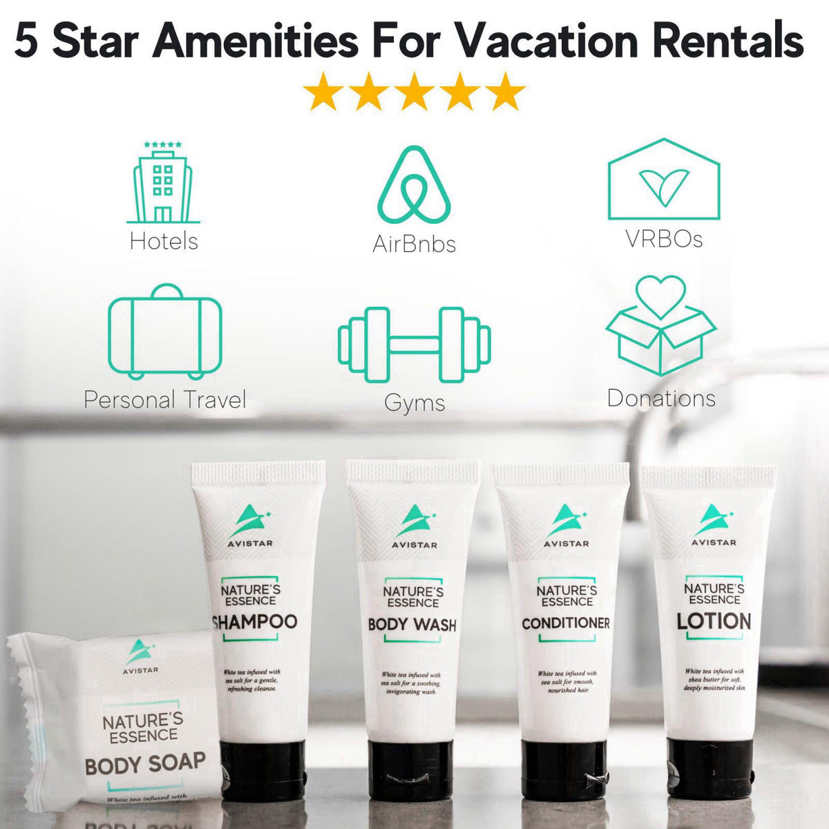 Avistar 90 Piece Hotel Soap & Bulk Toiletries - Travel Essentials for BnB Hosts & Guests - Hotel Shampoo & Conditioner S