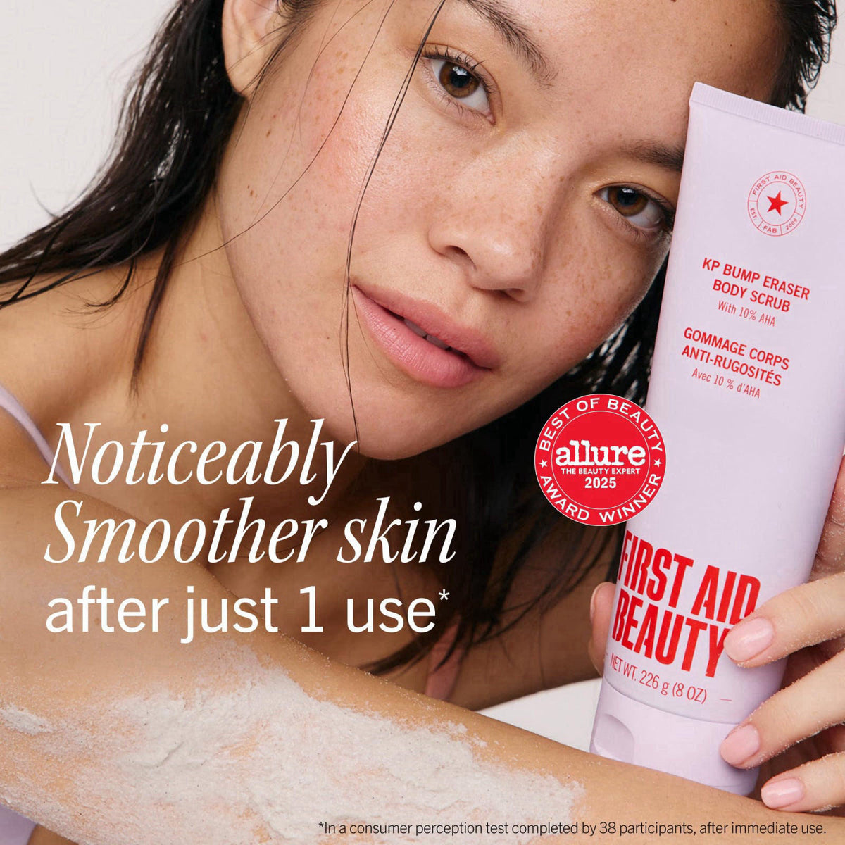First Aid Beauty KP Bump Eraser Body Scrub, 10% AHA Body Exfoliator – packaging and label