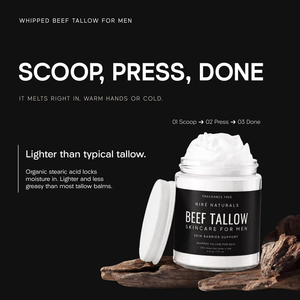 Nir&eacute; Naturals Beef Tallow Face Moisturizer for Men, Grass-Fed – alternate angle