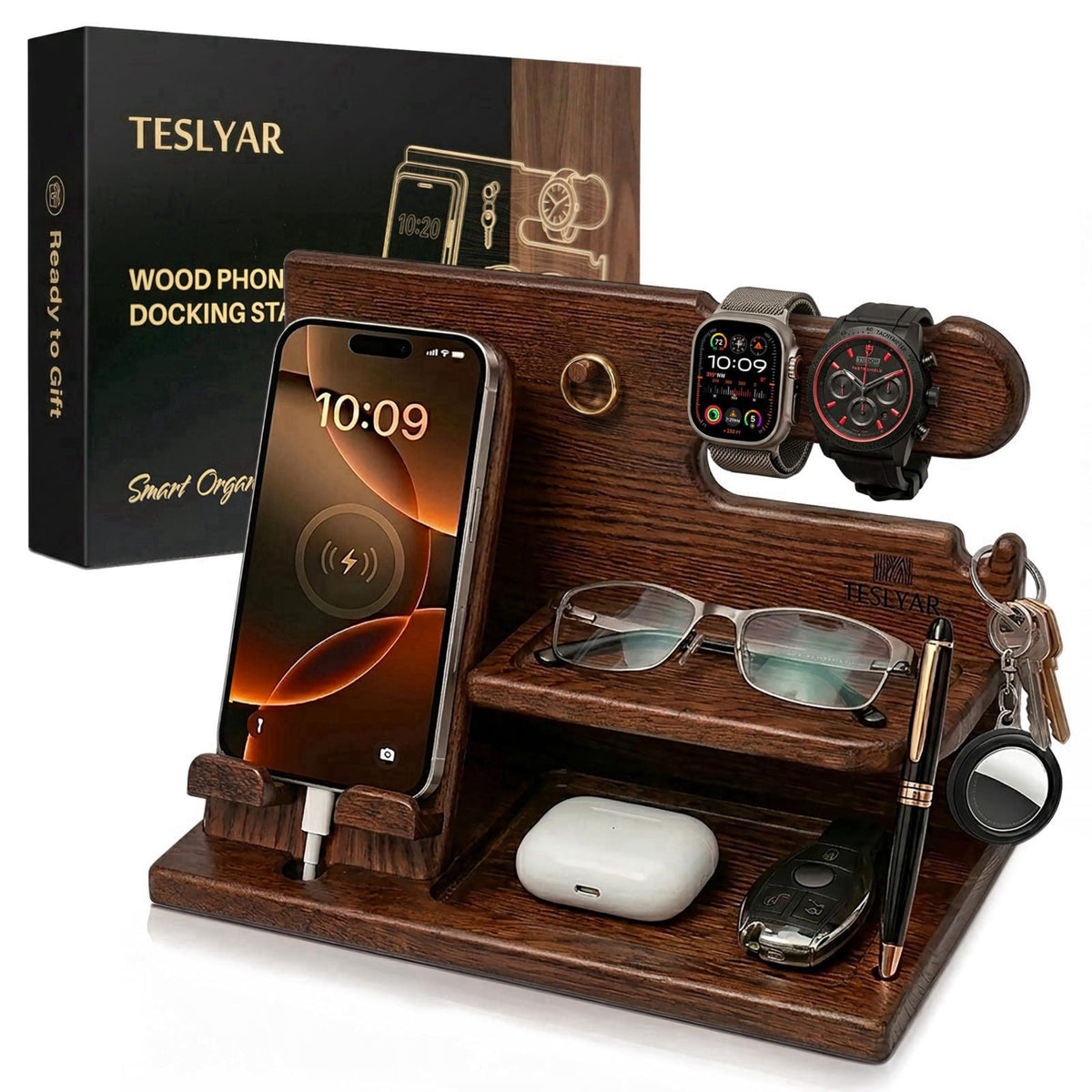 TESLYAR Wood Phone Docking Station for Men - Desk or Nightstand Organizer - Birthday Gifts for Husband, Dad - Anniversar