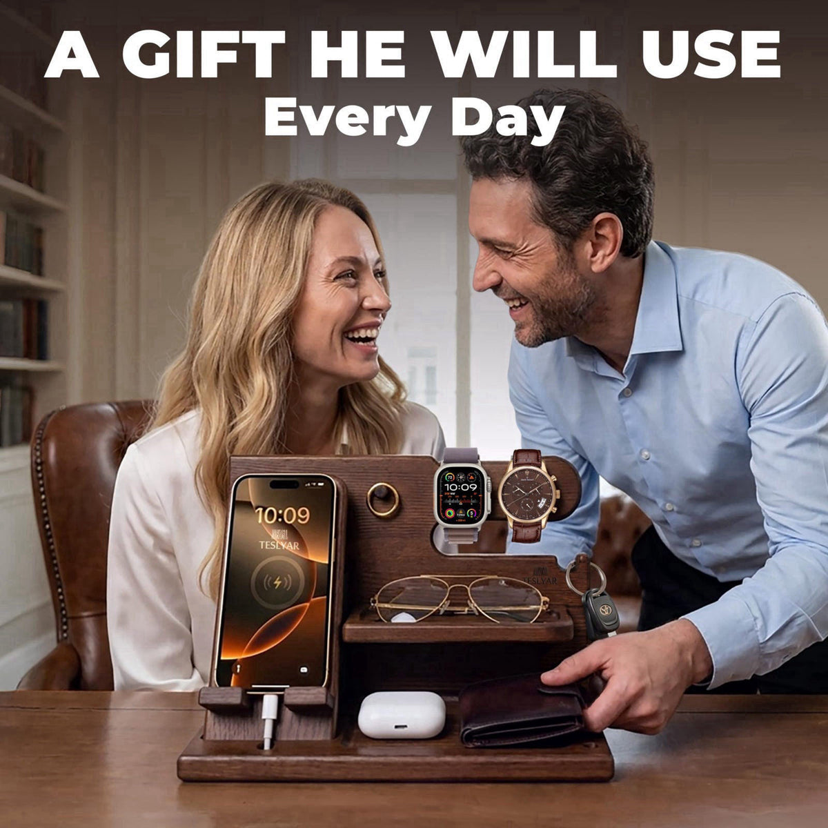 TESLYAR Wood Phone Docking Station for Men - Desk or Nightstand Organizer - Birthday Gifts for Husband, Dad - Anniversar