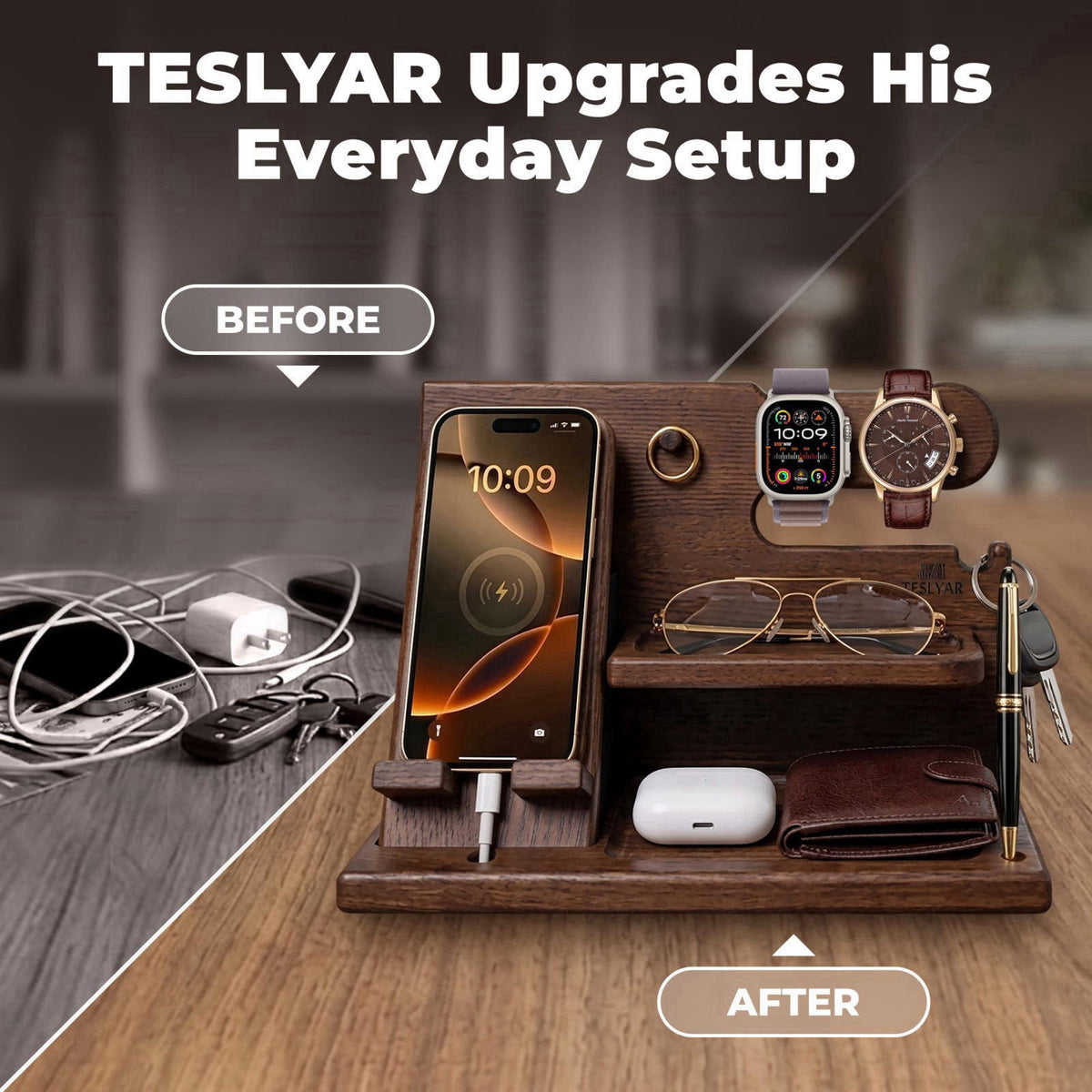 TESLYAR Wood Phone Docking Station for Men - Desk or Nightstand Organizer - Birthday Gifts for Husband, Dad - Anniversar