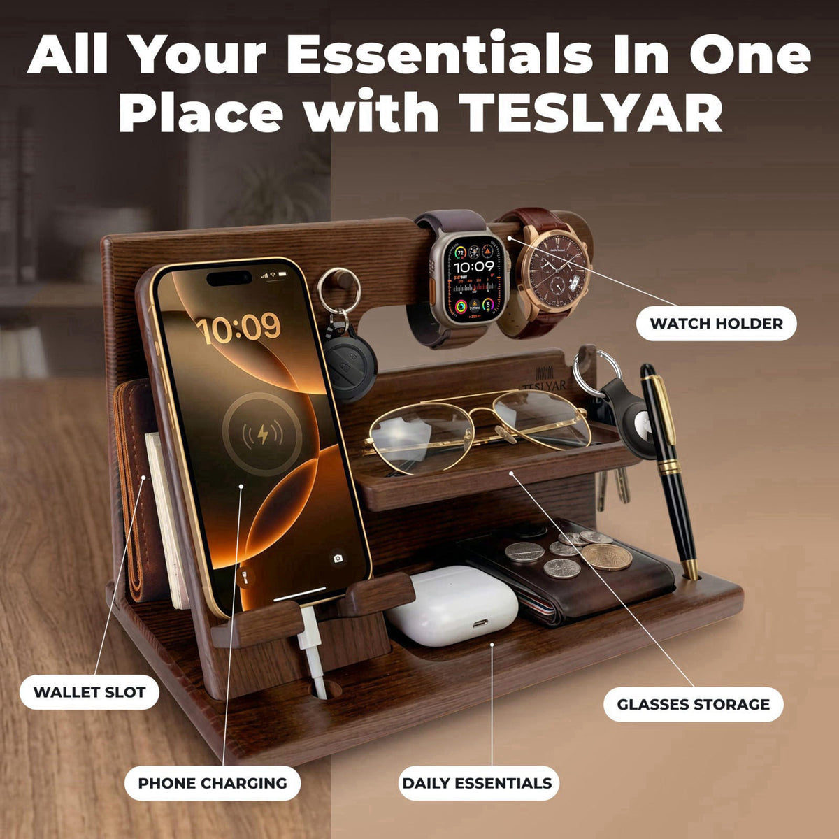TESLYAR Wood Phone Docking Station for Men - Desk or Nightstand Organizer - Birthday Gifts for Husband, Dad - Anniversar