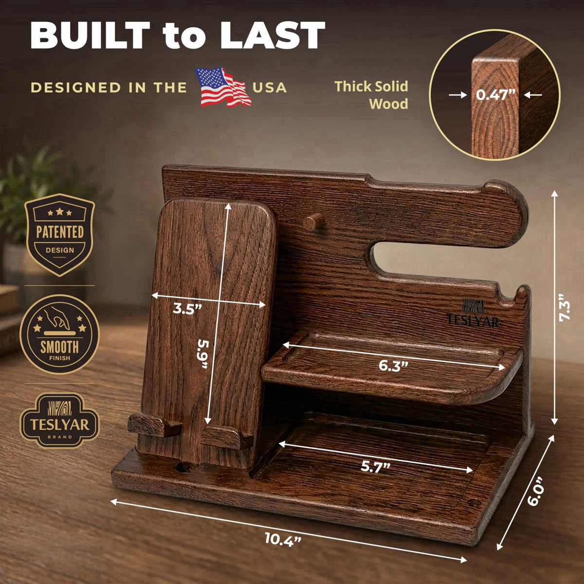 TESLYAR Wood Phone Docking Station for Men - Desk or Nightstand Organizer - Birthday Gifts for Husband, Dad - Anniversar