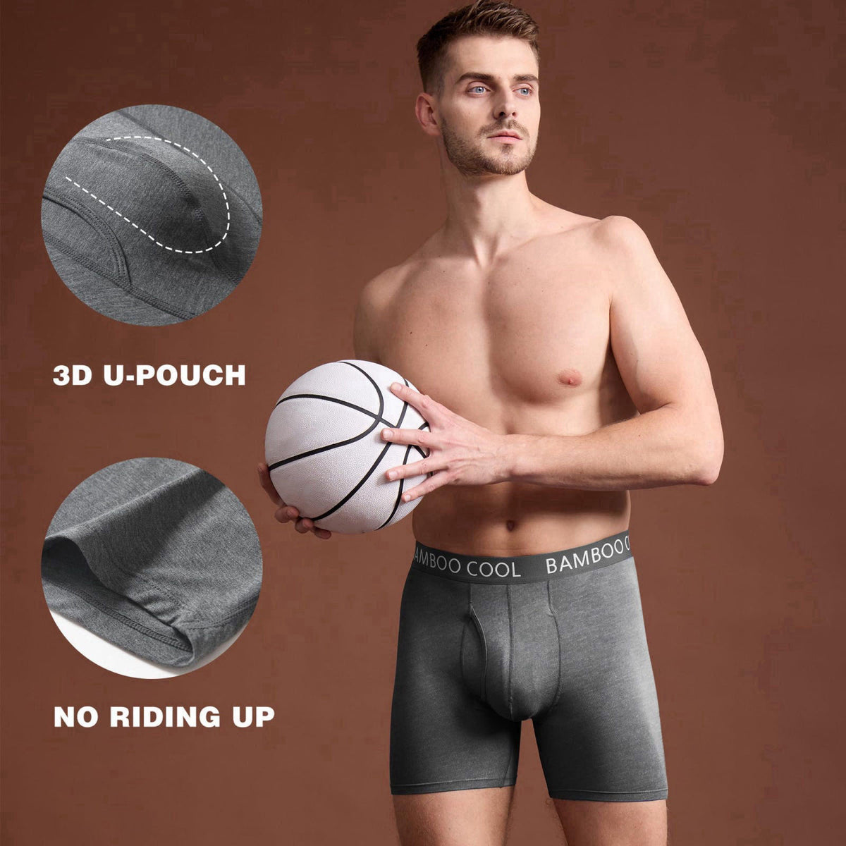 BAMBOO COOL Men's Cooling Underwear Ultra Soft Breathable Boxer Briefs Pack – back view and specifications