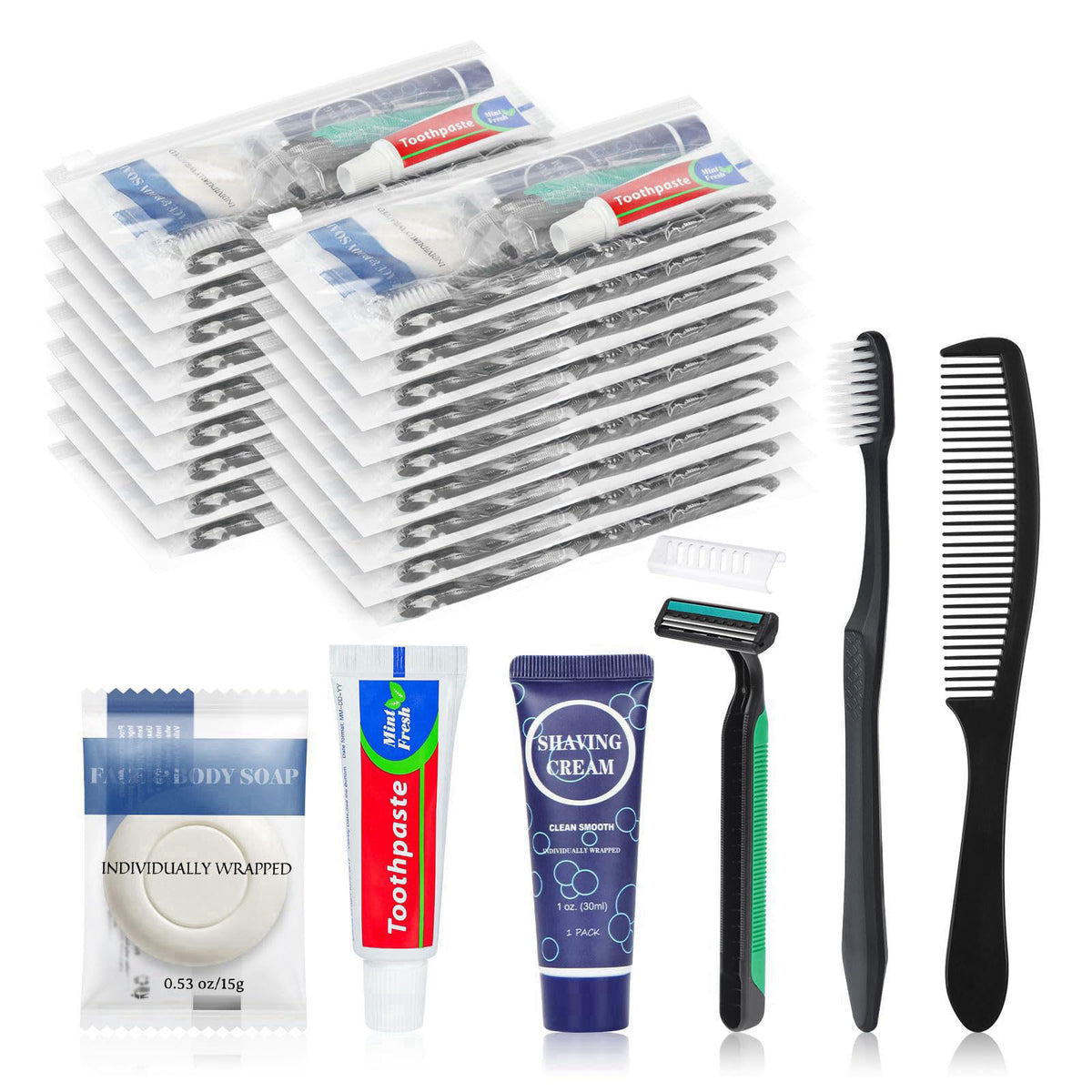 HQSLsund 25 Pack Travel Toiletry Kit Bulk, 6-in-1 Disposable Personal Hygiene Kit – product photo (Manual Toothbrushes)