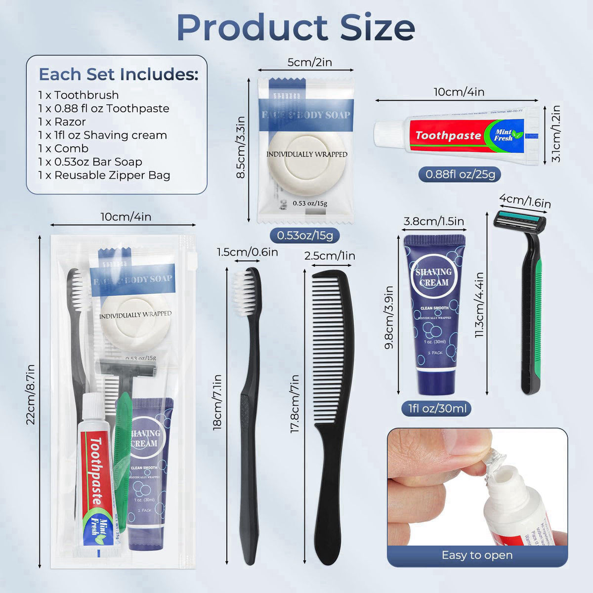 HQSLsund 25 Pack Travel Toiletry Kit Bulk, 6-in-1 Disposable Personal Hygiene Kit – close-up detail