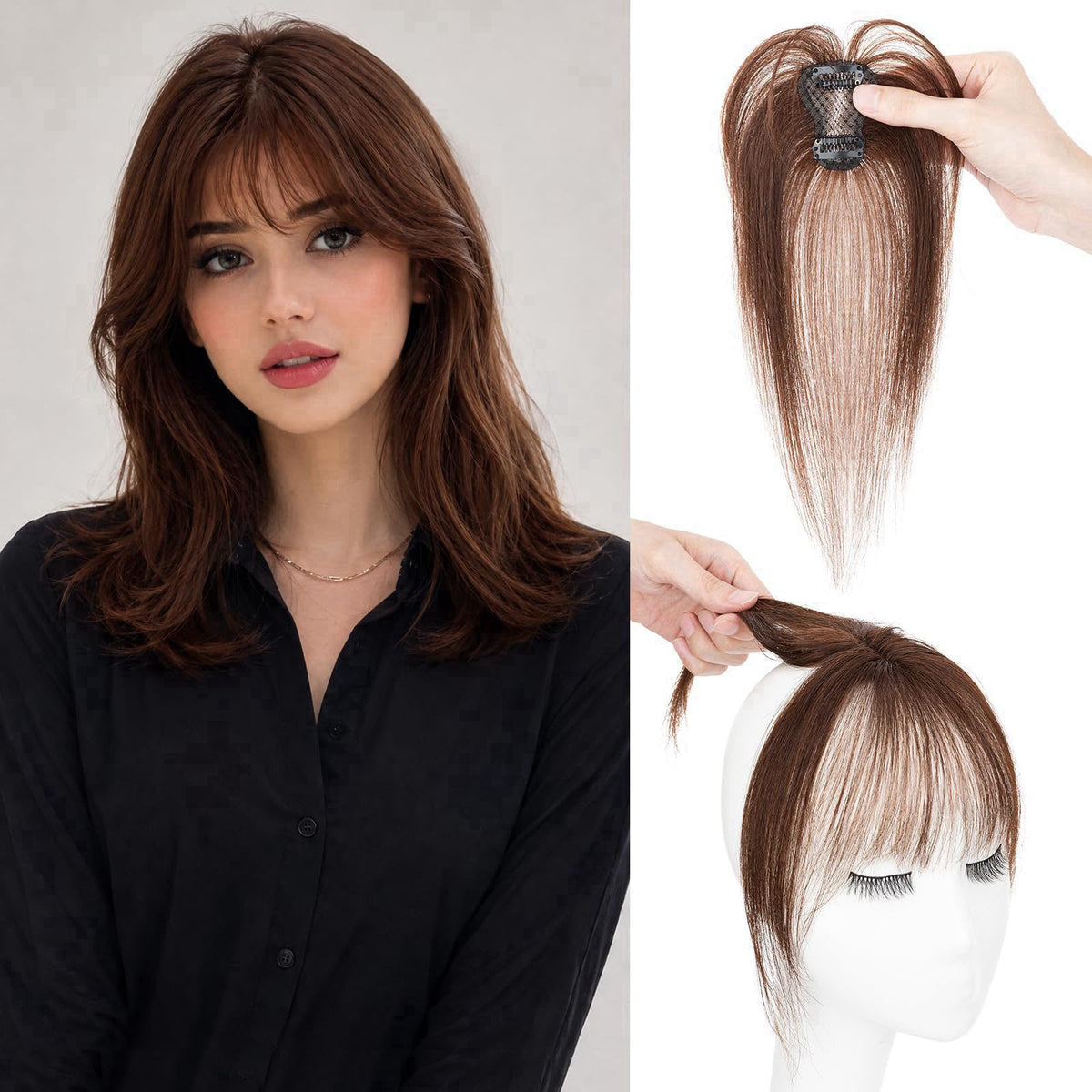 SLEEKALON Clip in Bangs Real Human Hair for Women Lightweight Wispy Bangs Hair Pieces Hand-Tied Lace Base Bangs Hair Cli