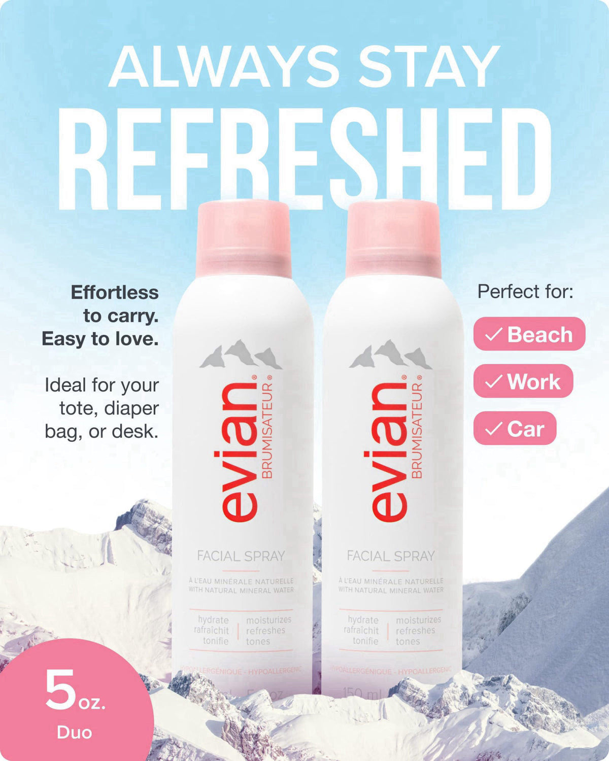 Evian Facial Spray 5 oz Duo Hydrating Mineral Water Mist for Face & Skin Refreshes Makeup, Sets, & Tones Facial Spray Tw