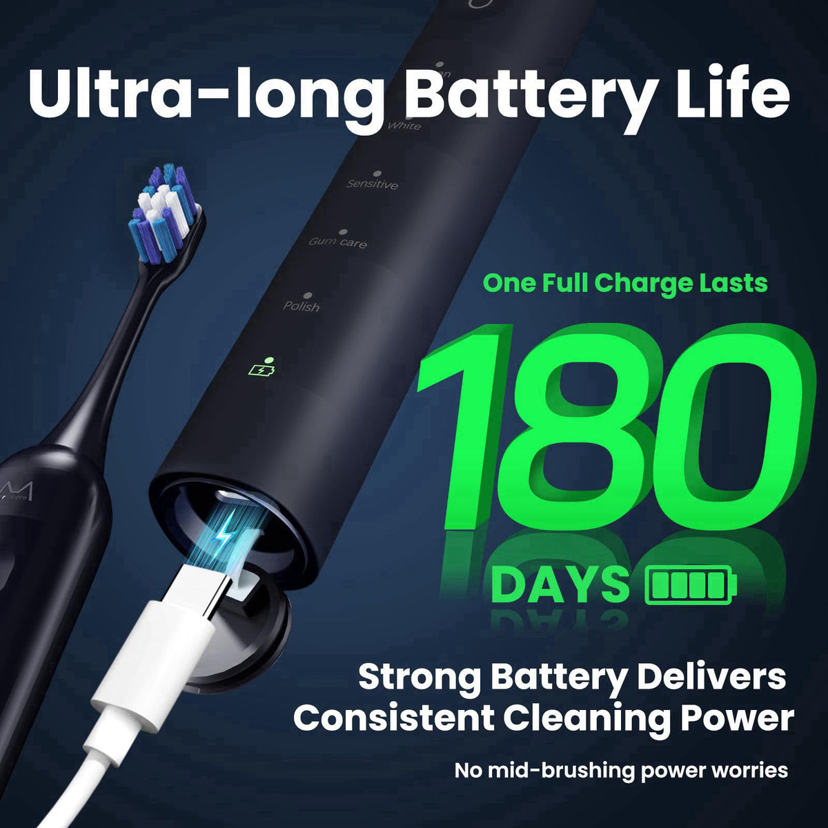 Marlincare Electric Toothbrush for Adults, 180 Days Battery Life, Blue – close-up detail