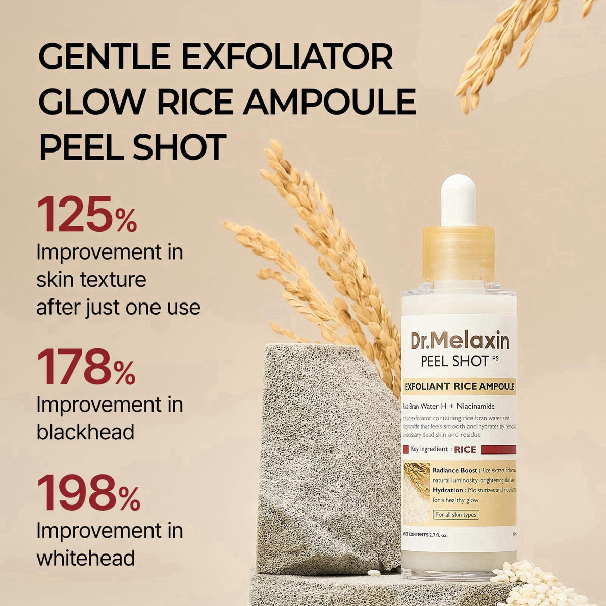 Dr.Melaxin Peel Shot Glow White Rice Peeling Ampoule with Rice Extract & AHA BHA, Gentle Exfoliating Serum for Sebum Con
