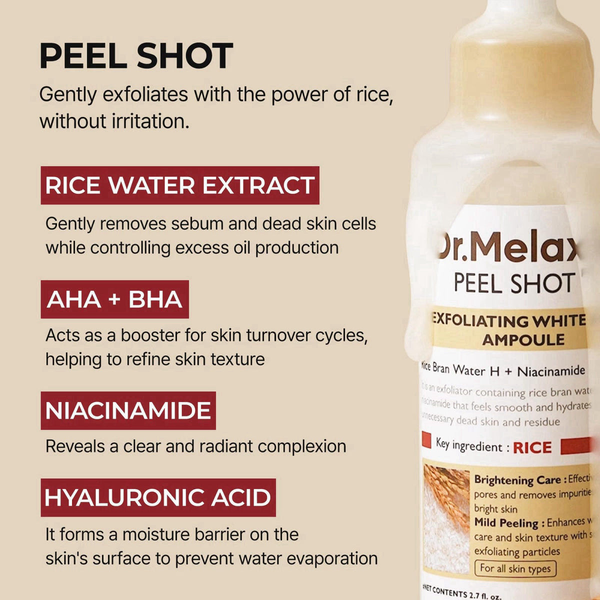 Dr.Melaxin Peel Shot Glow White Rice Peeling Ampoule with Rice Extract & AHA BHA, Gentle Exfoliating Serum for Sebum Con