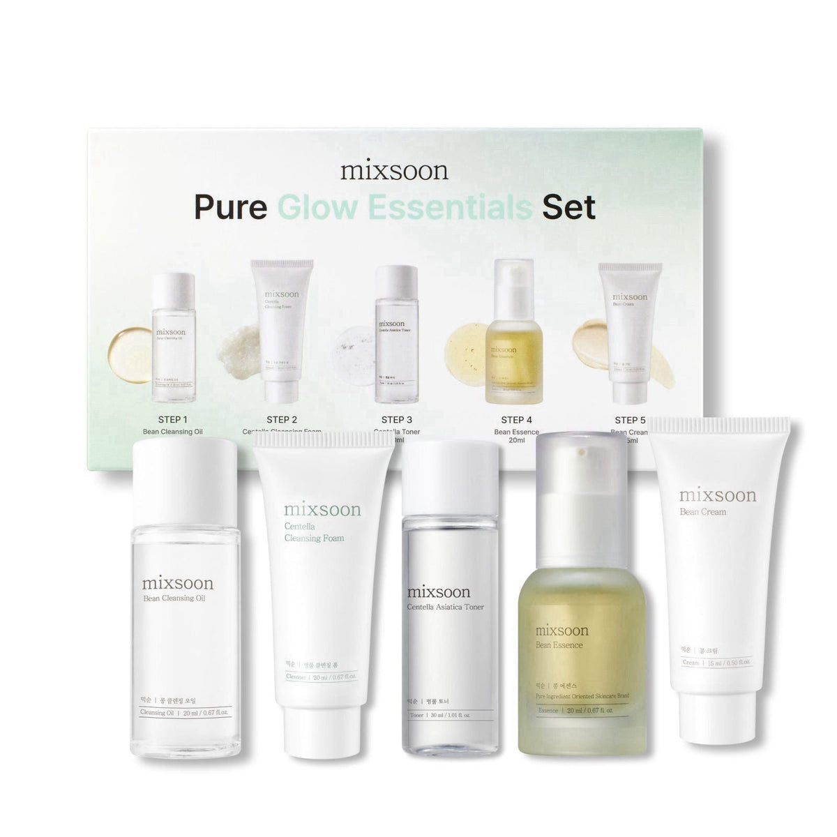 mixsoon Pure Glow Essentials Set - 5-Step Skincare Kit - Travel kit, Travel size kit, Hydrating Skincare Gift Set (15ml*