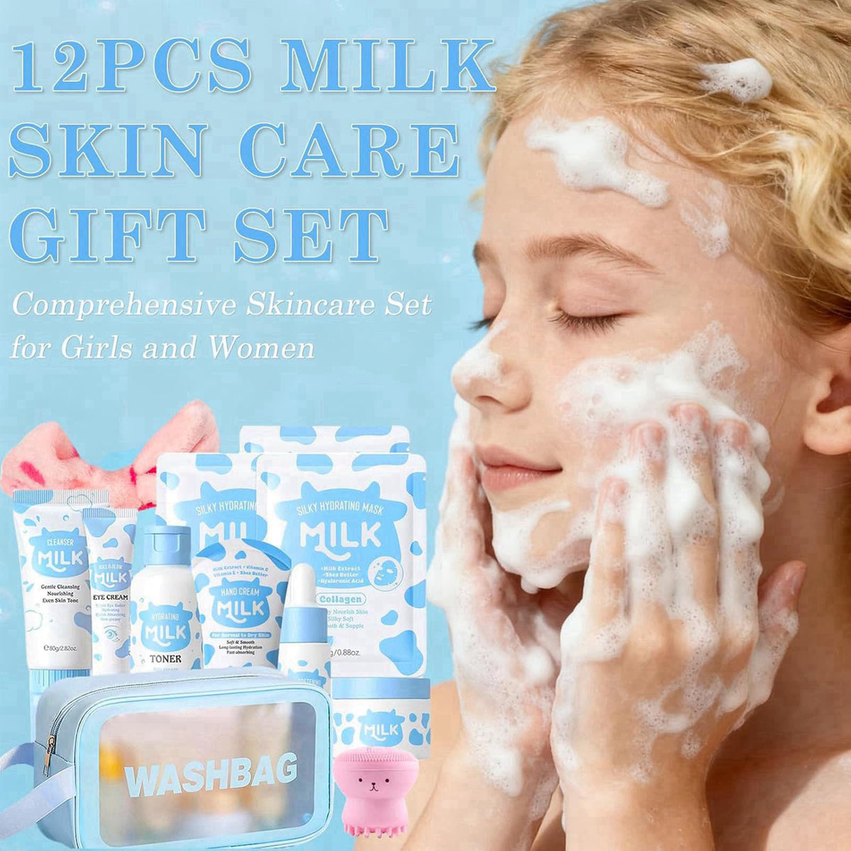 BliBling Milk Skin Care Set for Kids & Teens, 12 IN 1 Moisturizing & Gentle Milk Skin Care for Kids Girl Ages 8-12, Milk