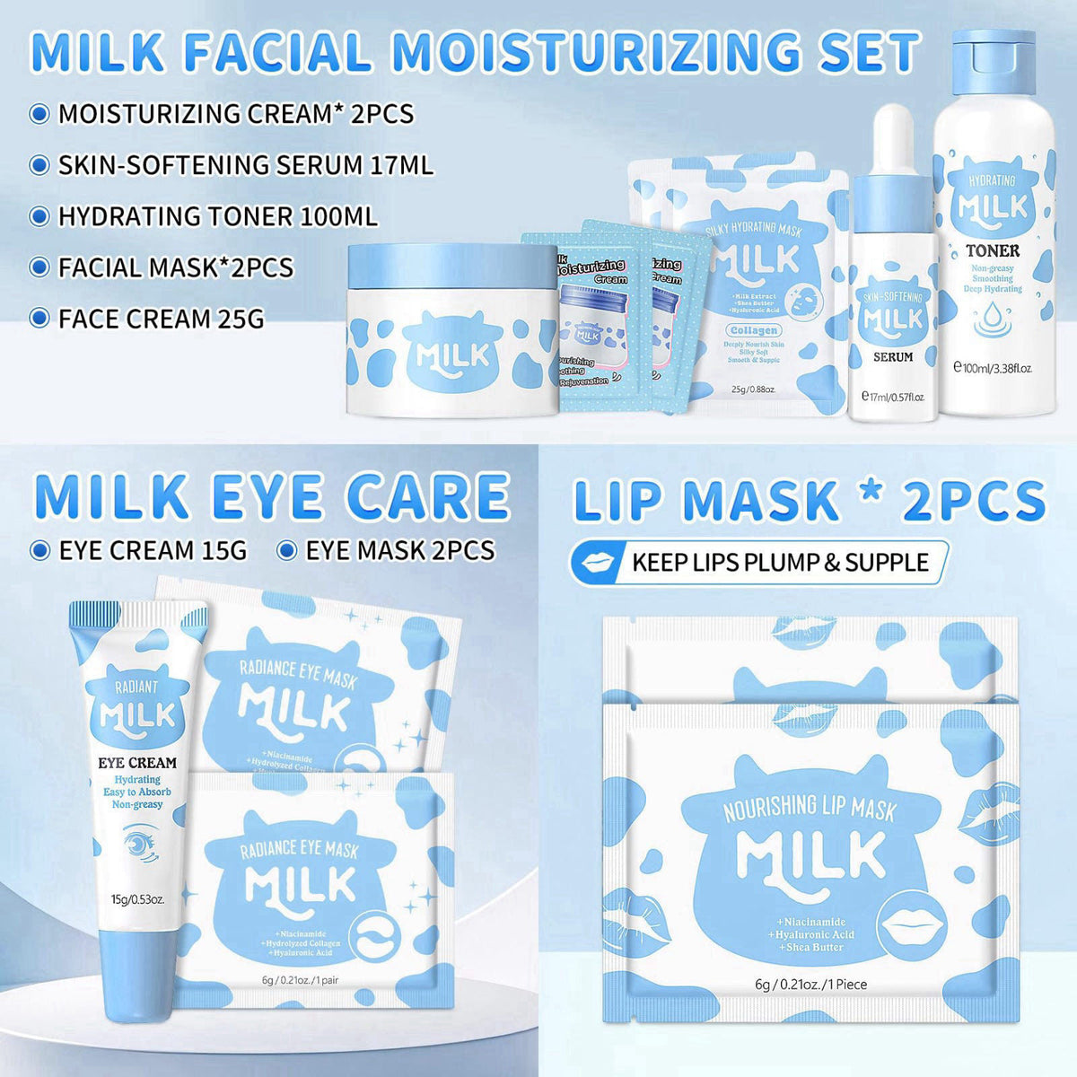 Rosawee 19PCS Milk Skincare for 10-12 Kids Girls Gift Set, Moisturizing Facial Kit – back view and specifications