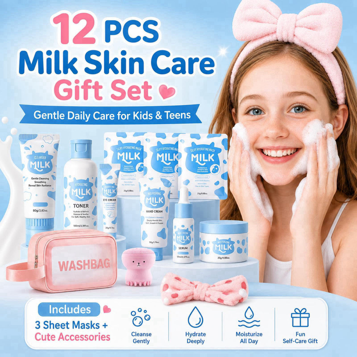 Vienflona Milk Skin Care Set for Kids & Teens, 12 IN 1 Gentle Moisturizing Milk Skin Care for Kids Girl Ages 8-12, Skin 