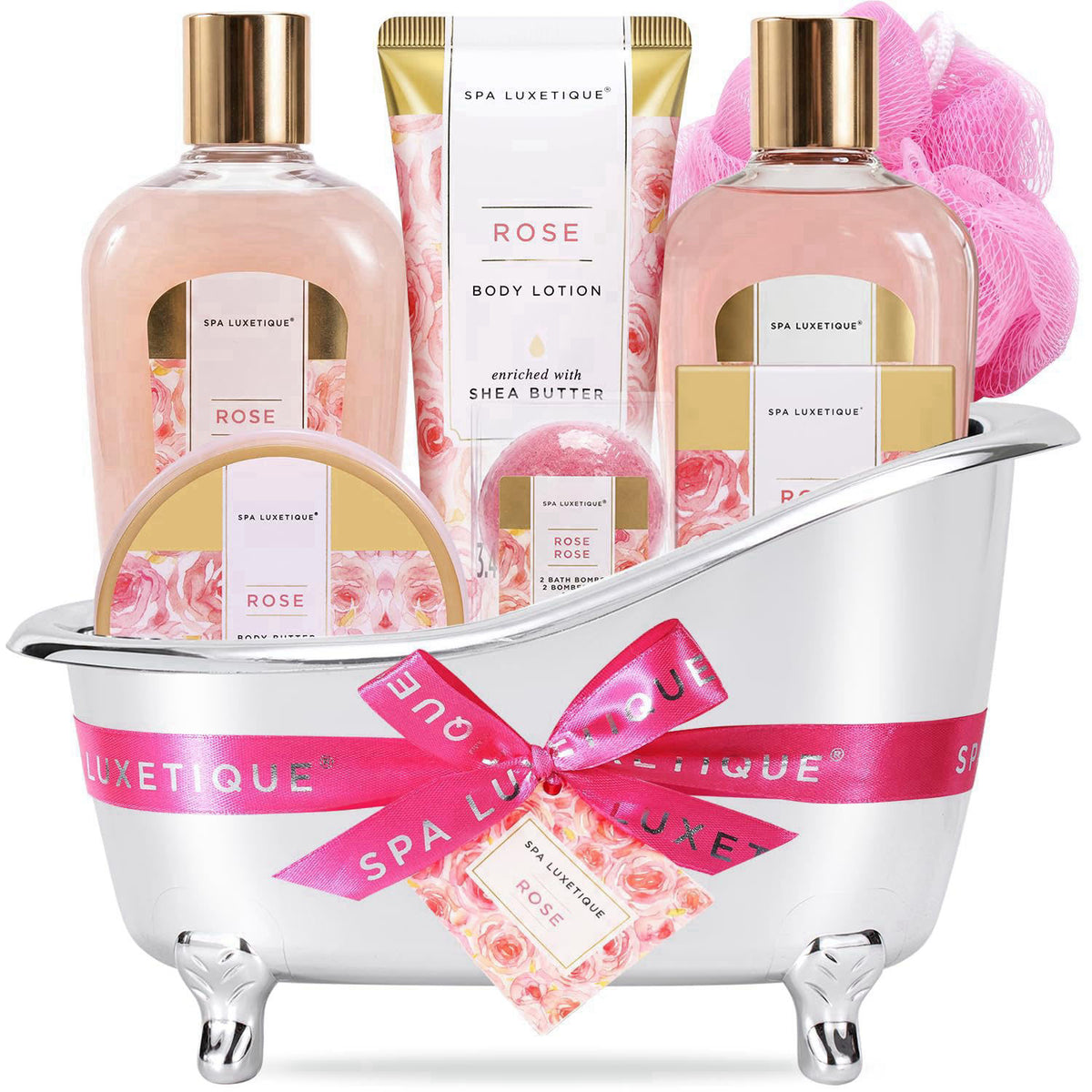 spa luxetique Gift Set for Women, Bath Sets for Women Gift, 8 Pcs Rose Spa Basket Includes Bubble Bath, Shower Gel, Body