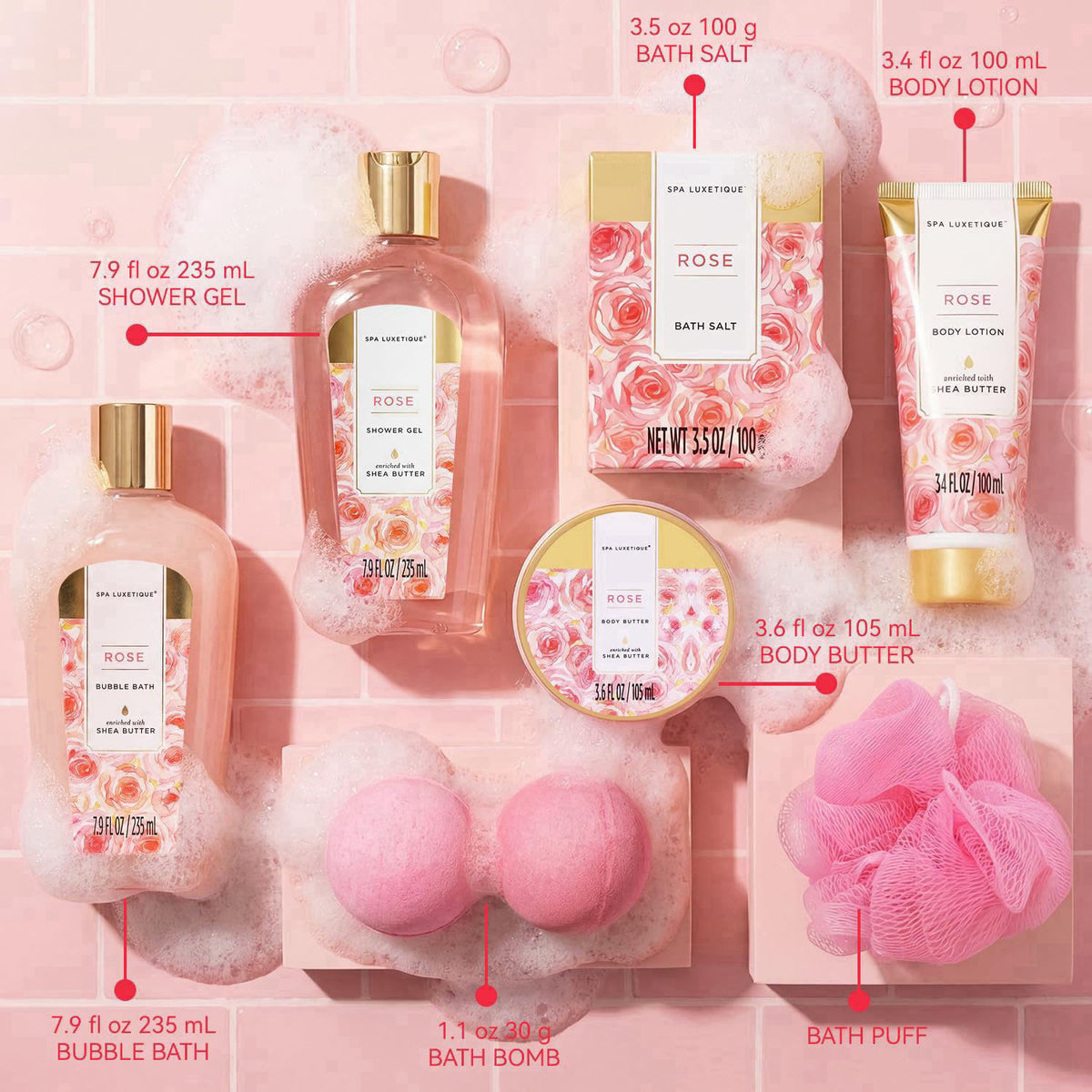 spa luxetique Gift Set for Women, Bath Sets for Women Gift, 8 Pcs Rose Spa Basket Includes Bubble Bath, Shower Gel, Body