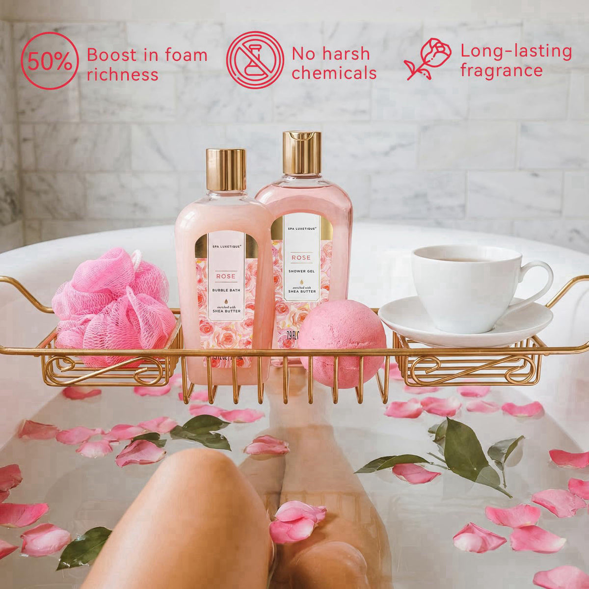 spa luxetique Gift Set for Women, Bath Sets for Women Gift, 8 Pcs Rose Spa Basket Includes Bubble Bath, Shower Gel, Body